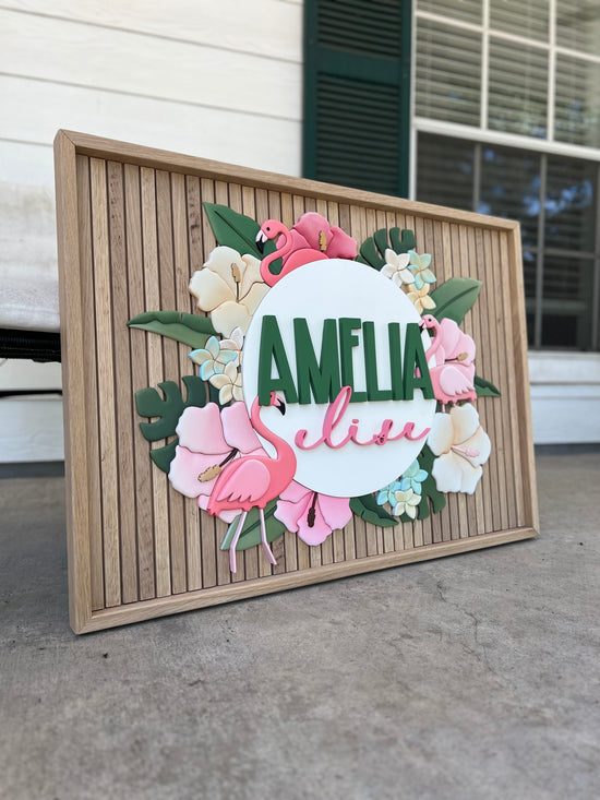 Amelia Elise name with wood slat background and flamingos with tropical flowers