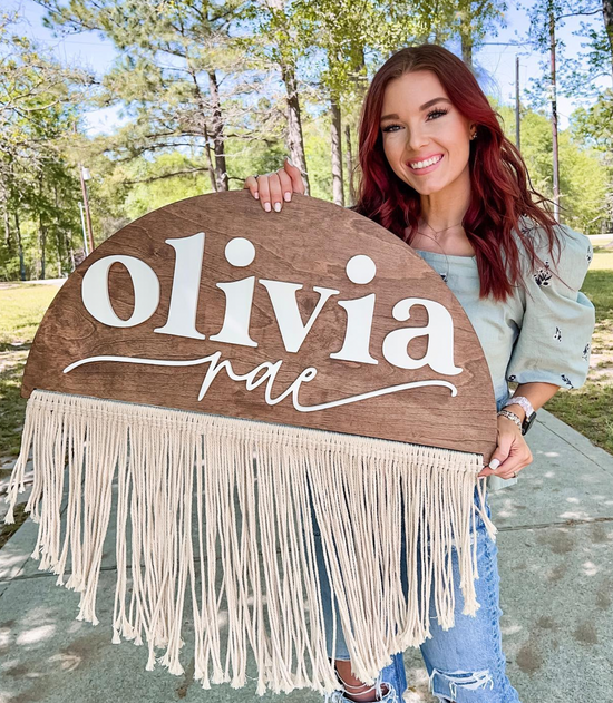 Boho Fringe Half Circle Olivia rae name in white on wood