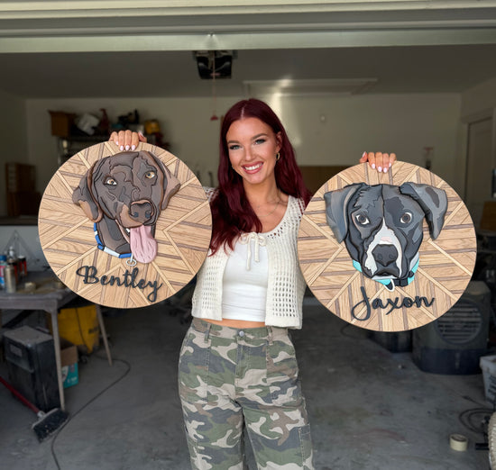 Custom Dog Portraits on mosaic wooden backers Bentley and Jaxon