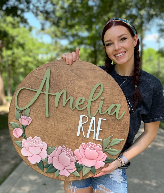 Floral Border Round with Amelia Rae name on wooden sign