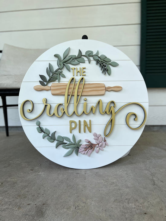 The Rolling Pin wooden sign white and flowers