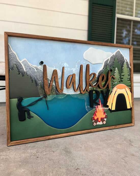 Walker Ry camping sign mountains fire tent lake