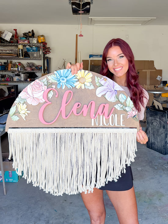 Elena Nicole floral boho sign with fringe bottom half circle