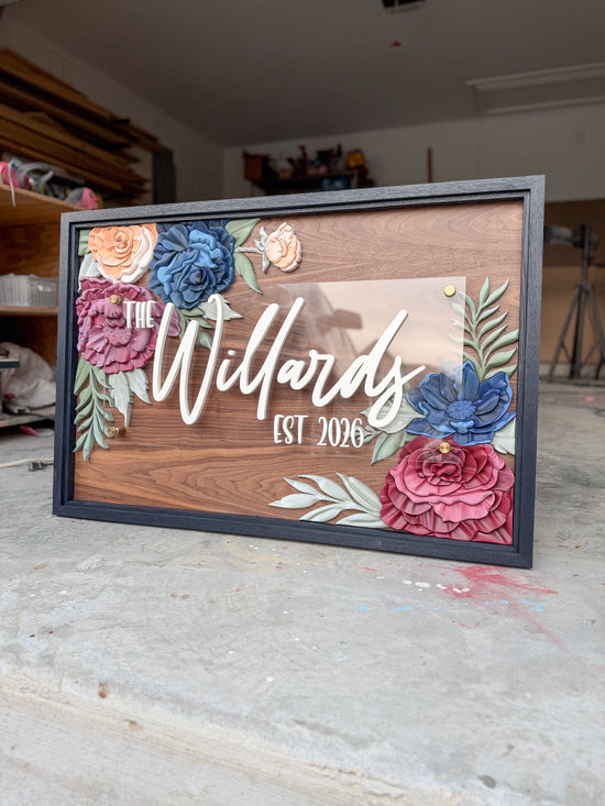 The Willards wooden sign with black frame and floral corners