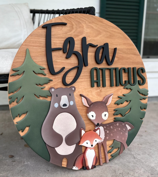 In the Woods Round with Ezra Atticus trees, bear, deer, fox