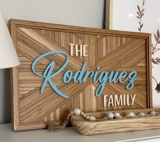 The Rodriguez Family on white oak mosaic background and frame